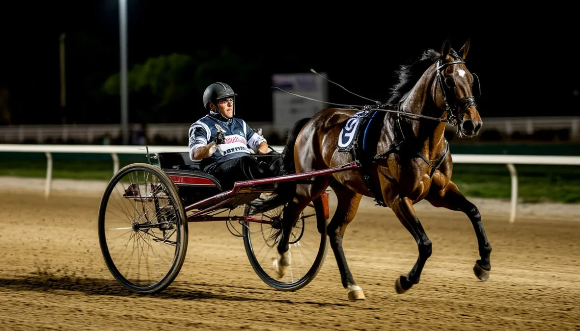 Conductor en sulky durante una carrera de trote nocturna en Son Pardo