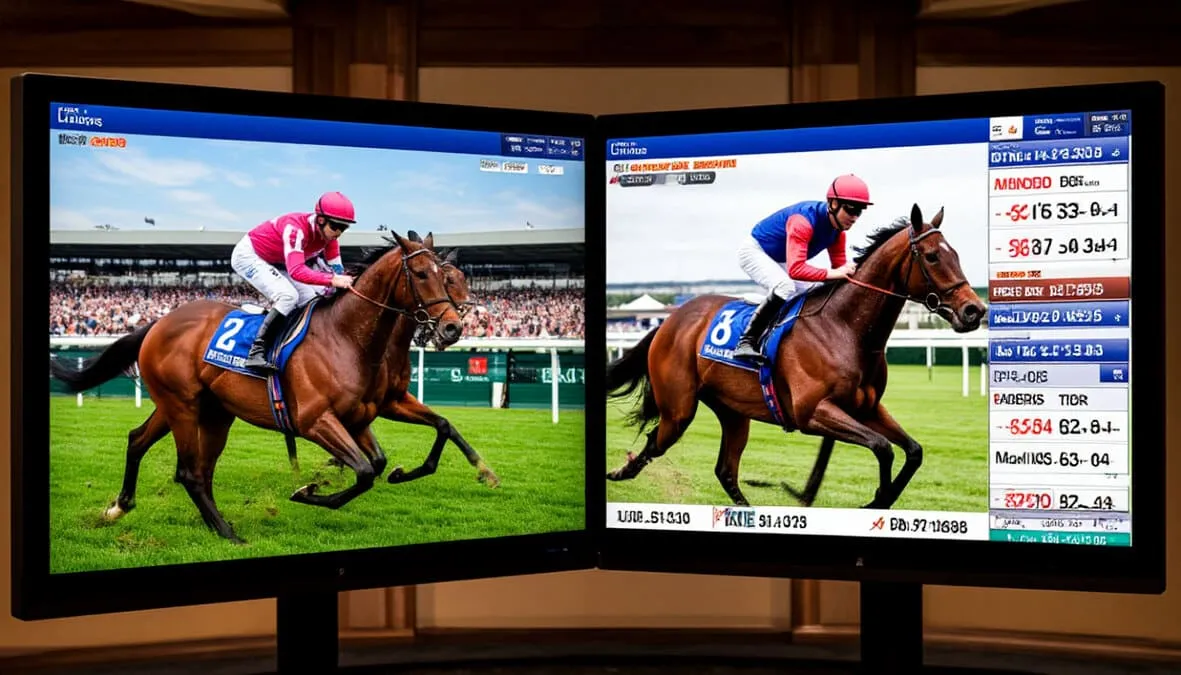 Pantalla dividida mostrando streaming de carrera de caballos en vivo junto a panel de apuestas con cuotas fluctuantes