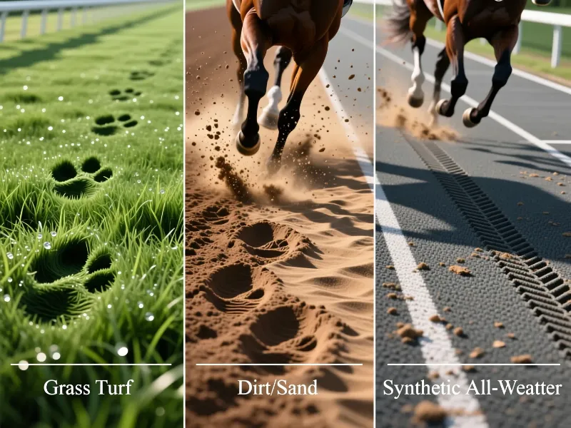 Comparación de tres superficies de pista hípica: césped verde, arena marrón y sintético gris con cascos de caballo en movimiento
