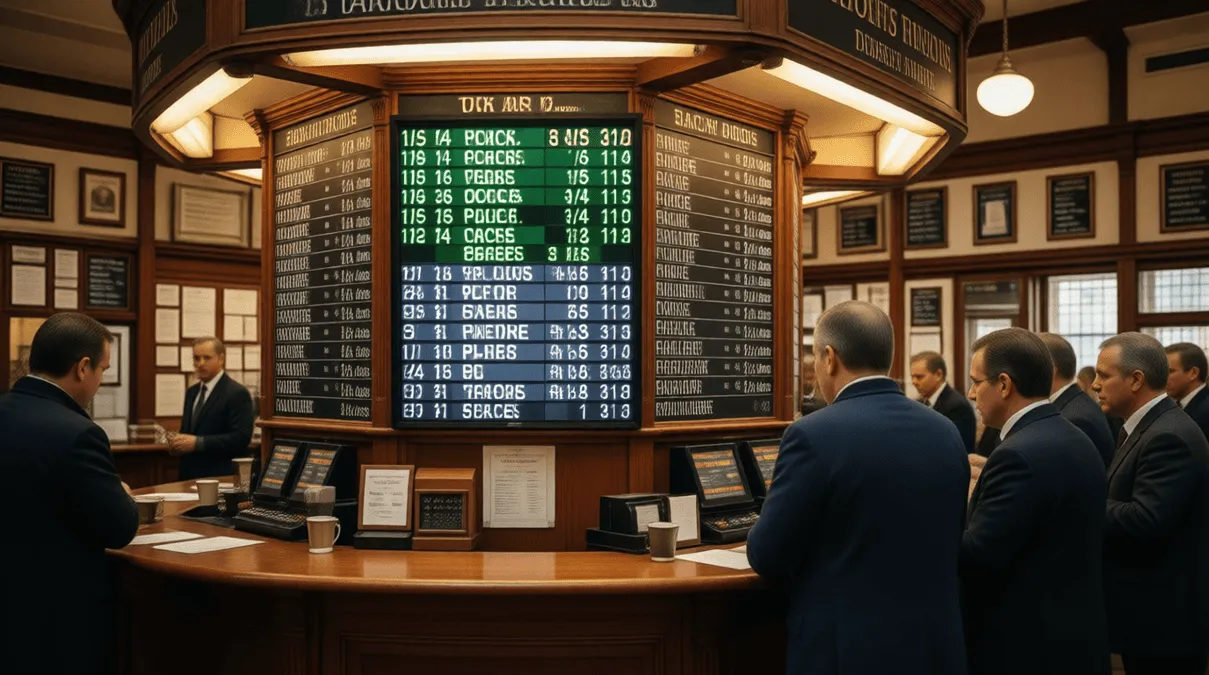 Pizarra de apuestas británica mostrando cuotas de caballos y términos de each way en hipódromo tradicional