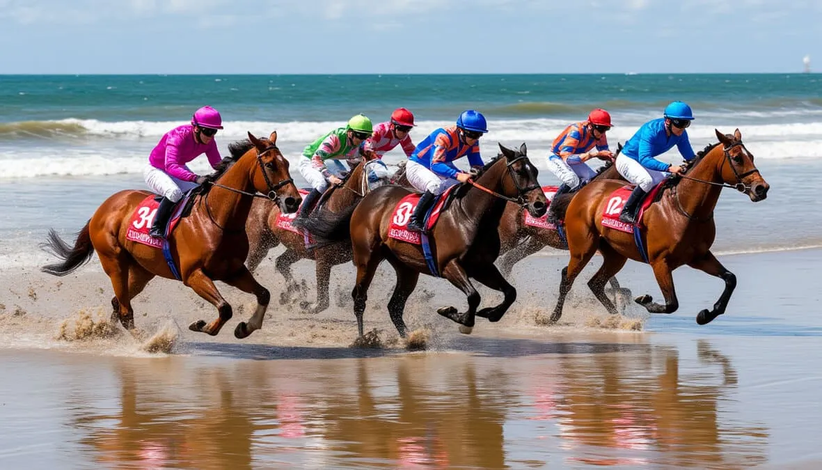 Carrera de trote en el hipódromo de Son Pardo en Mallorca con caballos tirando de sulkys