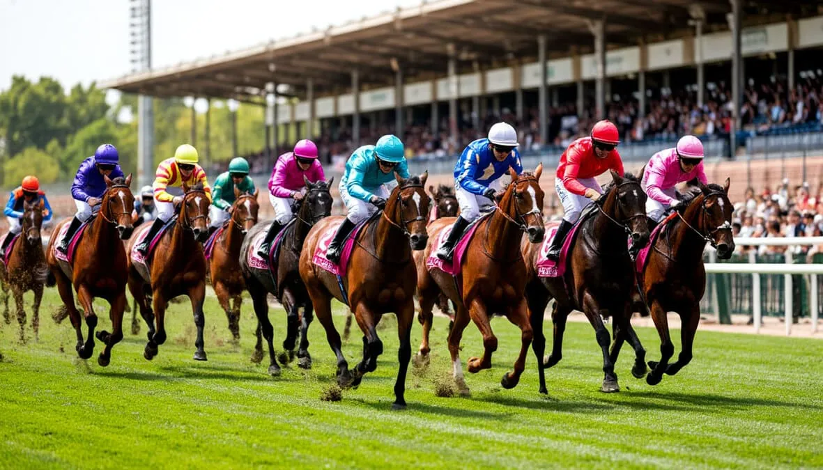 Caballos compitiendo en la recta final del Hipódromo de La Zarzuela con la tribuna al fondo
