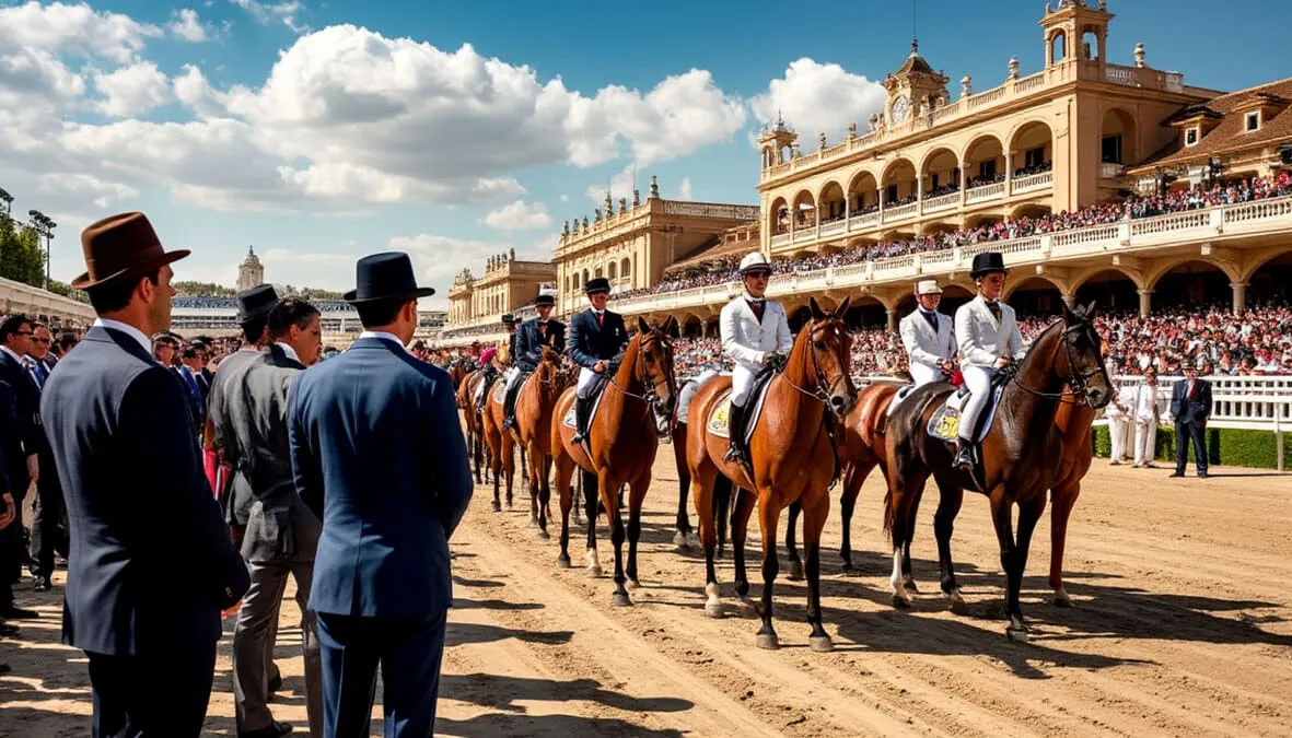 Público observando los caballos en el paddock del Hipódromo de La Zarzuela antes de una carrera